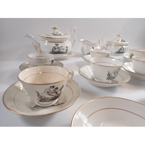 35 - A Liverpool porcelain back printed part tea service decorated mother and child comprising teapot - a... 