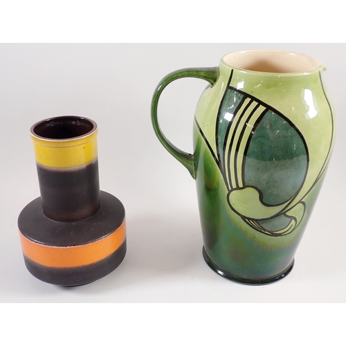 15 - A West German vase together with a Maiolica green glazed jug, 32cm tall