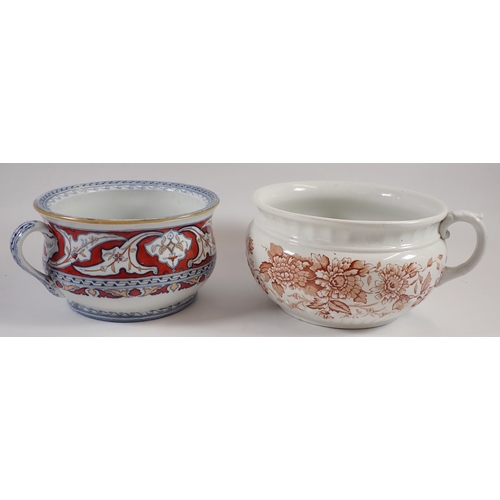 16 - A Pinder, Bourne & Hope small chamber pot 'Bagdad' and another floral chamber pot