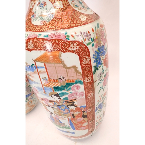 2 - A pair of late 19th century Japanese baluster form floor vases with frilled rims and painted interio... 