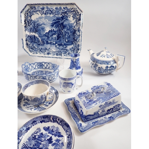 22 - A quantity of blue and white china including Masons cheese dish, Wedgwood Willow teapot, George Jone... 