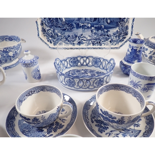 22 - A quantity of blue and white china including Masons cheese dish, Wedgwood Willow teapot, George Jone... 