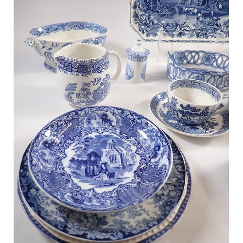 22 - A quantity of blue and white china including Masons cheese dish, Wedgwood Willow teapot, George Jone... 
