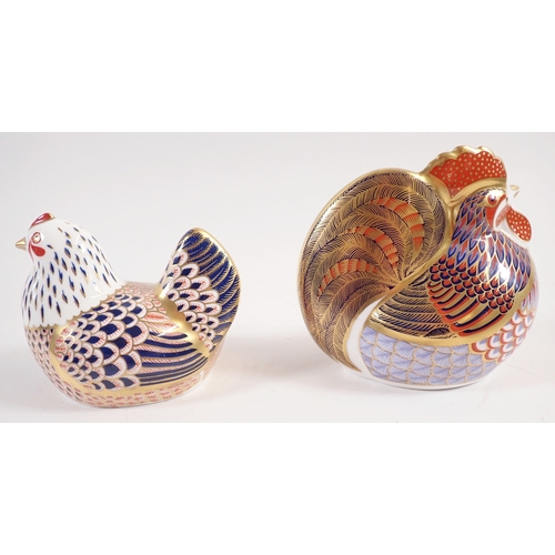 28 - Two Royal Crown Derby paperweights - cockerel and hen, 9.5cm wide, both boxed