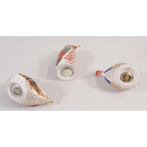 29 - Three Royal Crown Derby paperweights - wren, hummingbird and gold crest, 8.5cm wide, two boxed