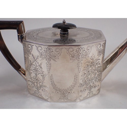 326 - A Victorian silver three piece tea service, octagonal form with foliage engraved decoration in origi... 