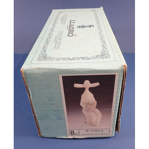 39 - Three Lladro groups to include a nun doing needlework, 20cm tall - boxed, a dancing girl and geese