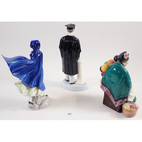 45 - A Royal Doulton group - The Old Balloon Seller, The Graduate and May, tallest 24.5cm