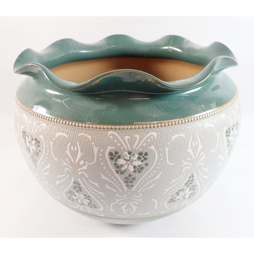 5 - A Langley Ware stoneware green jardiniere on stand, 72.5cm