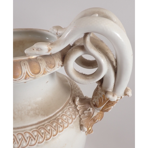 55 - A large Meissen white and gilt vase with entwined serpent foliate handles - a/f, 46cm tall