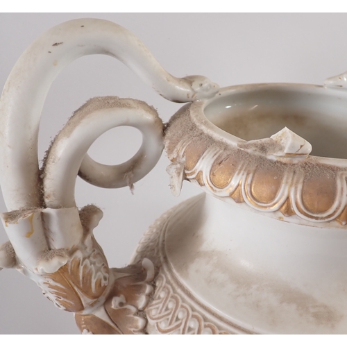 55 - A large Meissen white and gilt vase with entwined serpent foliate handles - a/f, 46cm tall