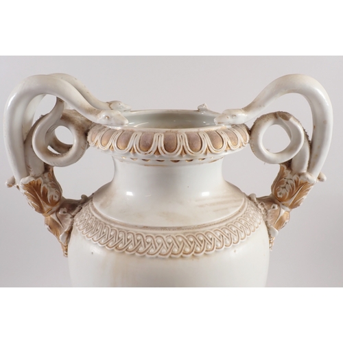 55 - A large Meissen white and gilt vase with entwined serpent foliate handles - a/f, 46cm tall