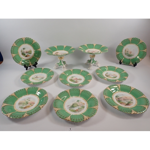 1 - A Victorian dessert service painted landscapes within apple green ground comprising two comports and... 