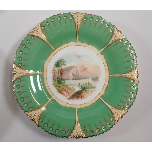 1 - A Victorian dessert service painted landscapes within apple green ground comprising two comports and... 