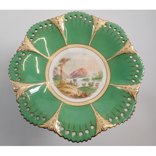 1 - A Victorian dessert service painted landscapes within apple green ground comprising two comports and... 