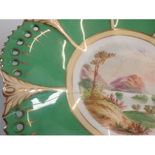 1 - A Victorian dessert service painted landscapes within apple green ground comprising two comports and... 