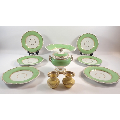 2 - Flight Barr & Barr Worcester set of eight green and gilt plates, a bowl and tureen with lid
