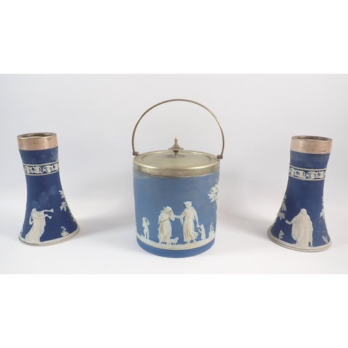 21 - An early 20th century Wedgwood Jasperware biscuit barrel, two Adams spill vases, 17cm and a similar ... 