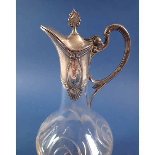 220 - A WMF Art Nouveau liqueur decanter with engraved decoration and silver plated lid and handle, 20cm t... 