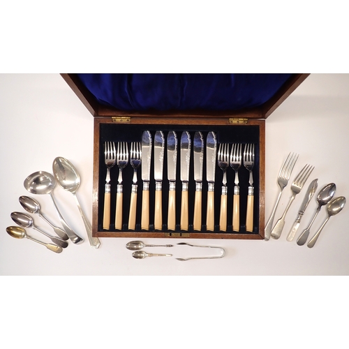 231 - A set of six silver plated fish knives and forks - cased, together with other silver plated cutlery