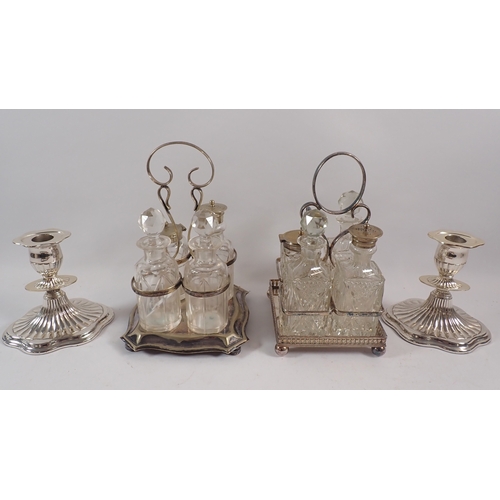 232 - Two silver plated and cut glass cruet stands, various boxed silver plated cutlery etc.