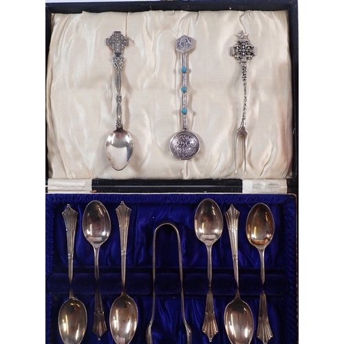 232 - Two silver plated and cut glass cruet stands, various boxed silver plated cutlery etc.