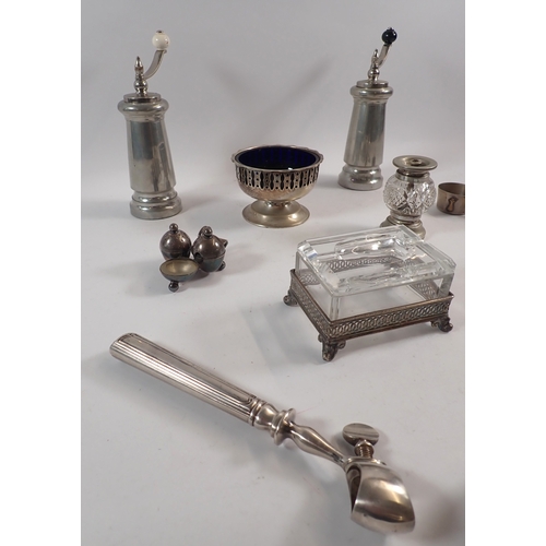 236 - A pair of salt and pepper mills, a manche a gigot leg of lamb bone holder, a cut glass box with asht... 