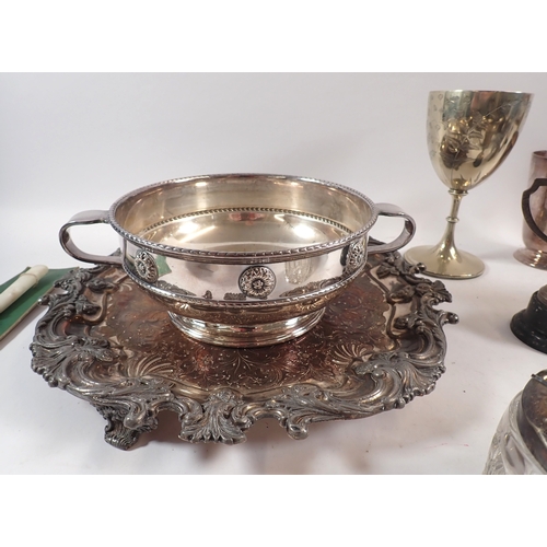 241 - A box of silver plated items including tray, District Dog trophies etc.