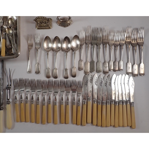 242 - A group of silver plated items including water jug, serving dish, cutlery etc.