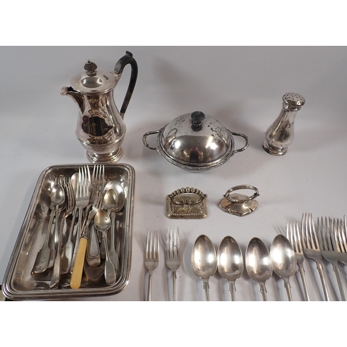 242 - A group of silver plated items including water jug, serving dish, cutlery etc.