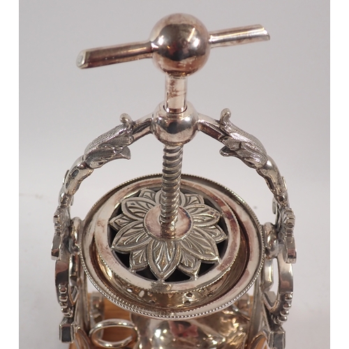 247 - A silver plated lemon squeezer/juicer on wooden base, 26cm tall with silver plated jug
