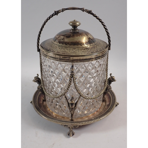 248 - A late Victorian cut glass and silver plated biscuit barrel, 20cm tall