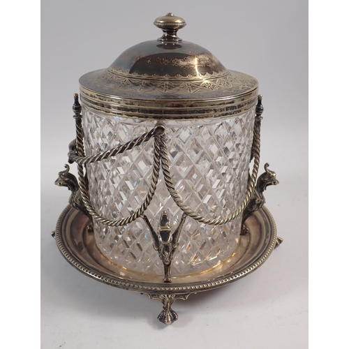 248 - A late Victorian cut glass and silver plated biscuit barrel, 20cm tall