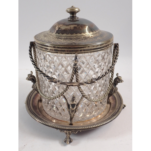 248 - A late Victorian cut glass and silver plated biscuit barrel, 20cm tall