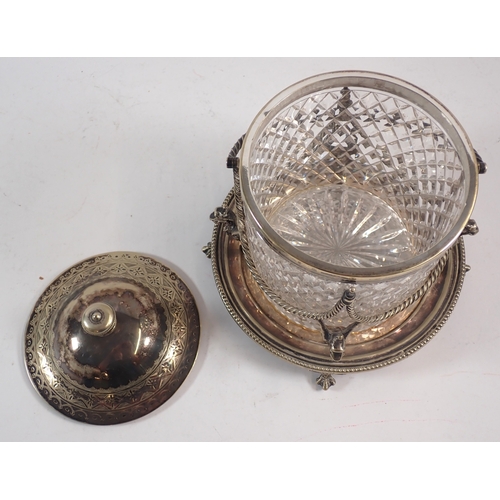 248 - A late Victorian cut glass and silver plated biscuit barrel, 20cm tall