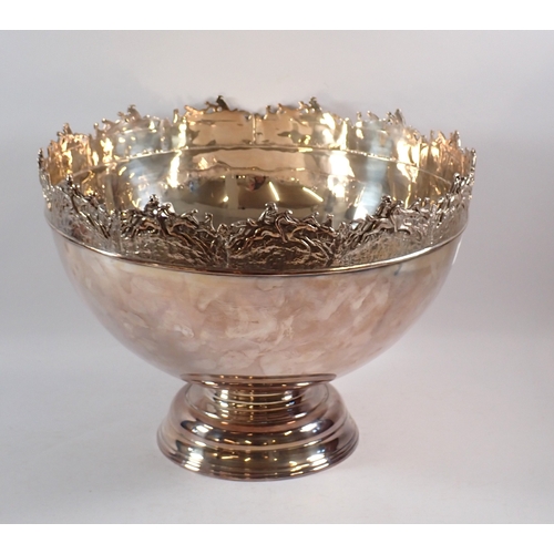 254 - A large silver punch bowl with racehorses to rim 39cm diameter, 29cm tall, 4.17kg, London 2003 by E&... 