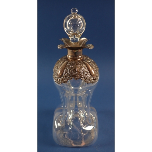 256 - A Victorian silver mounted glass glug glug decanter - glass a/f, London 1898 by William Hutton & Son... 