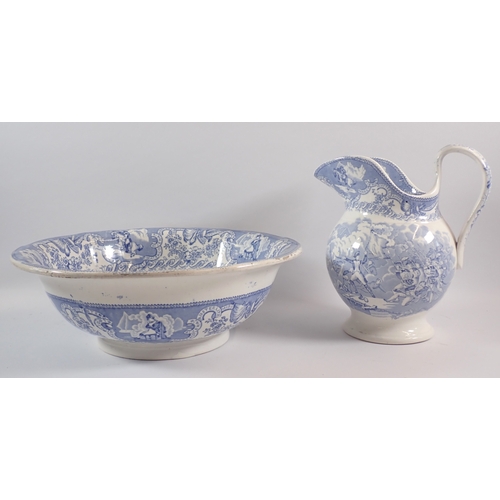 36 - A 19th century William Smith & Co blue and white toiletry ewer and bowl printed Napoleonic scenes, e... 