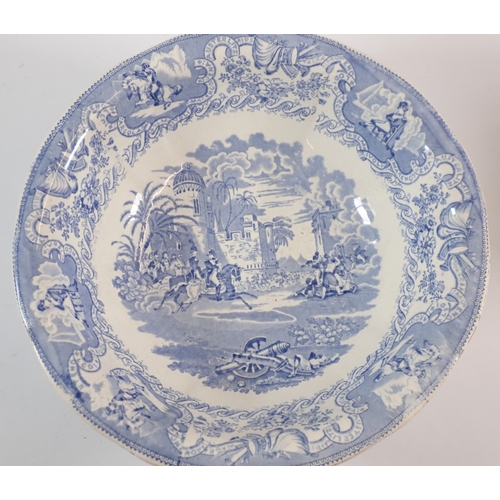 36 - A 19th century William Smith & Co blue and white toiletry ewer and bowl printed Napoleonic scenes, e... 