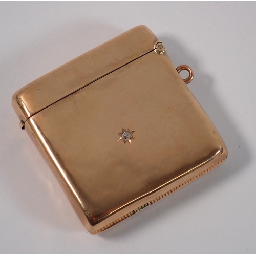 374 - A 9ct gold vesta case inset diamond, Chester 1900, Drew & Sons Piccadilly Circus, 4cm long, 22g