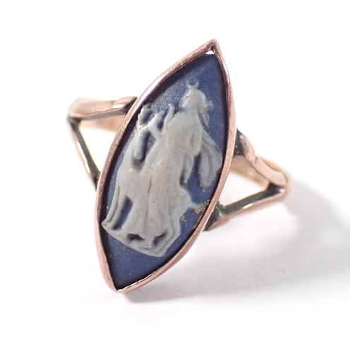 380 - An antique 9ct gold ring inset marquise form Wedgwood Jasperware cameo, size J, 2g