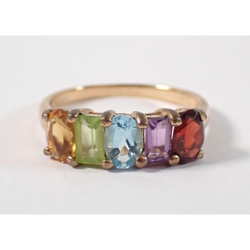 384 - A 9ct gold multi gemstone ring size O, 2.7g