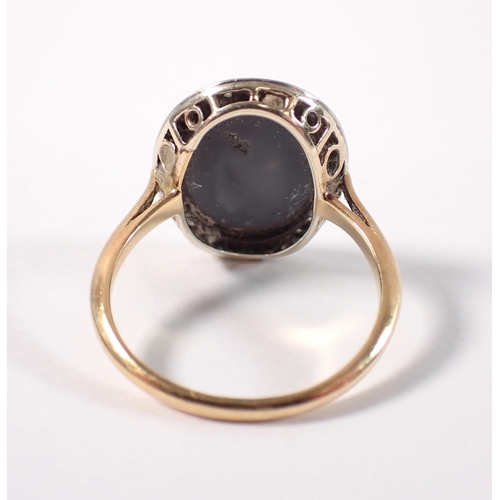 395 - An antique gold ring set black opal within old cut  diamond surround, size M-N, 3g, opal is 14mm x 1... 