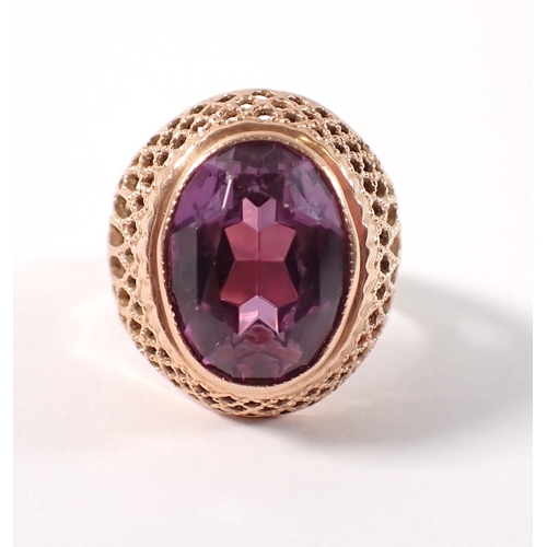 401 - A Russian 14 carat gold ring set large oval cut synthetic purple sapphire in gold filigree setting, ... 