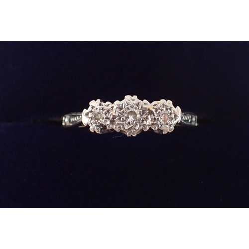 408 - An antique 18ct gold and platinum ring, illusion set three diamonds, size K to L, 2g