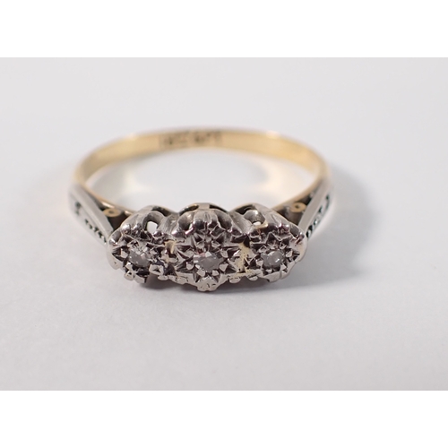 408 - An antique 18ct gold and platinum ring, illusion set three diamonds, size K to L, 2g