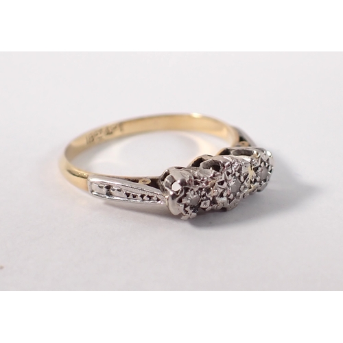 408 - An antique 18ct gold and platinum ring, illusion set three diamonds, size K to L, 2g