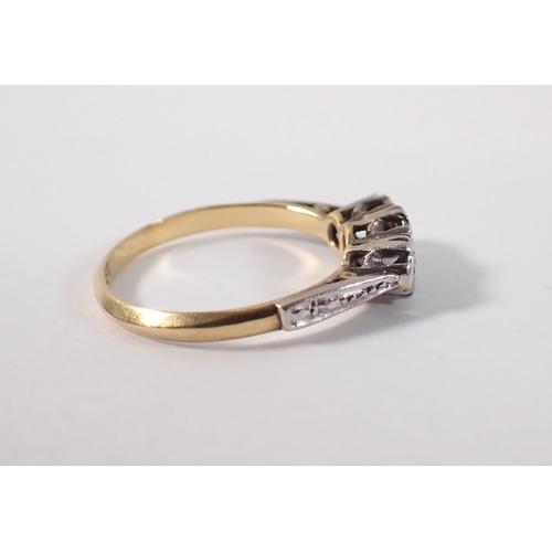 408 - An antique 18ct gold and platinum ring, illusion set three diamonds, size K to L, 2g
