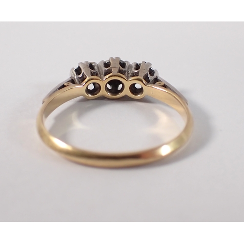 408 - An antique 18ct gold and platinum ring, illusion set three diamonds, size K to L, 2g
