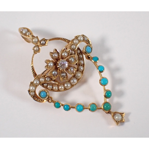 419 - A Victorian 18 carat gold diamond and seed pearl floral pendant/brooch with turquoise set hinged dro... 